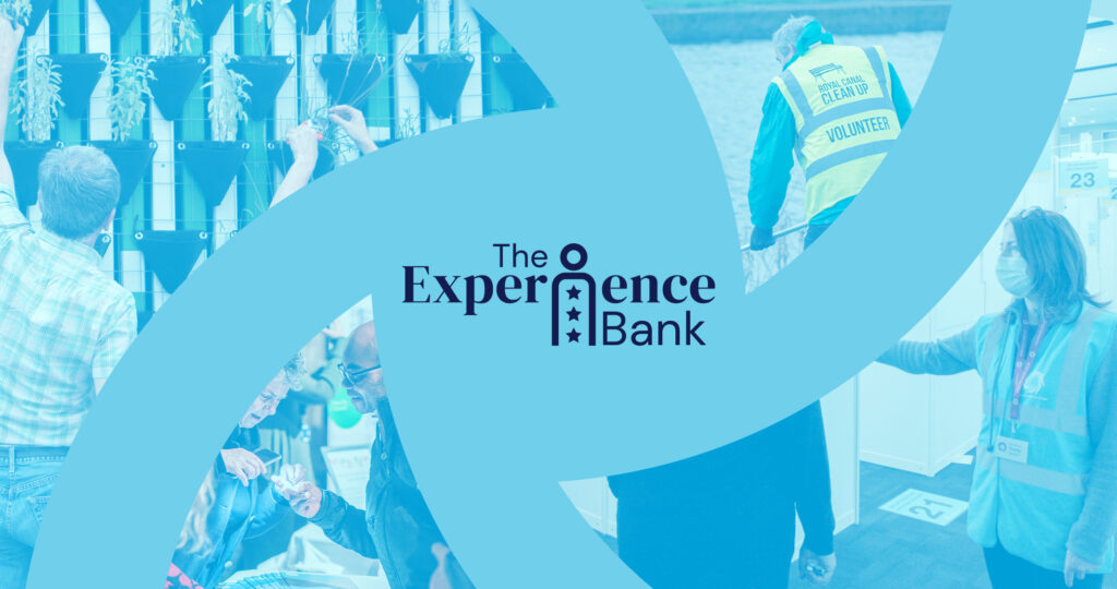 selection of people volunteering and experience bank logo